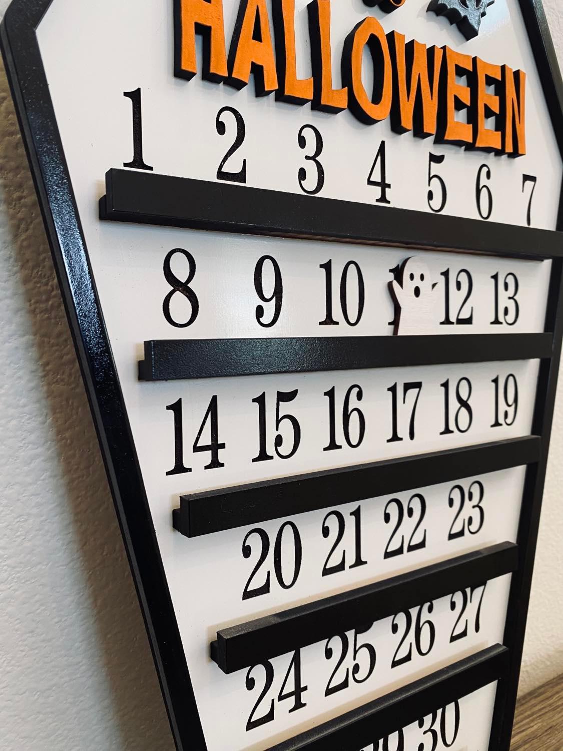 Close Up side view of this wooden mdf engrave laser cut halloween decoration countdown calendar