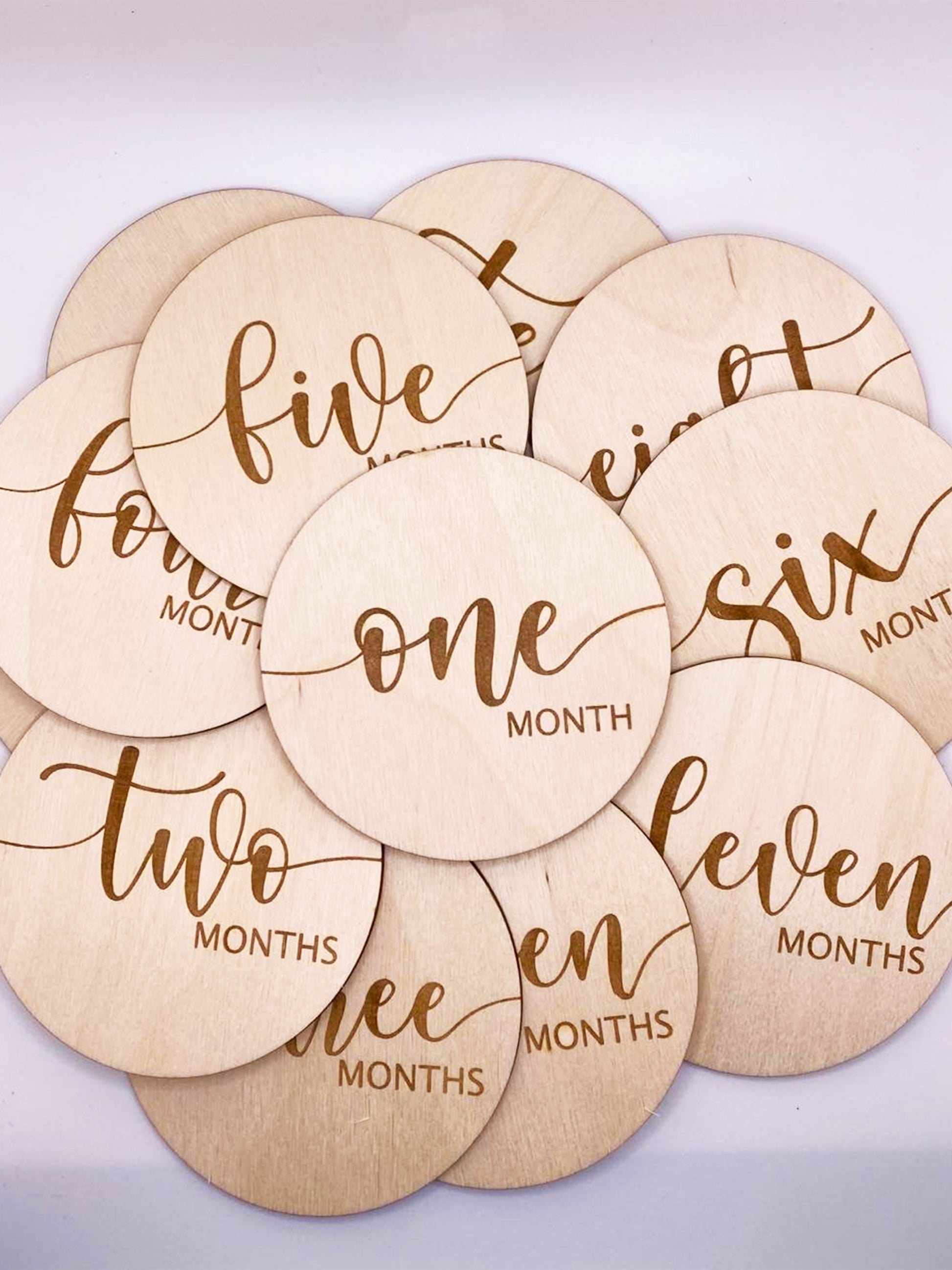 one month to twelve month engraved on birch wood baby birthday