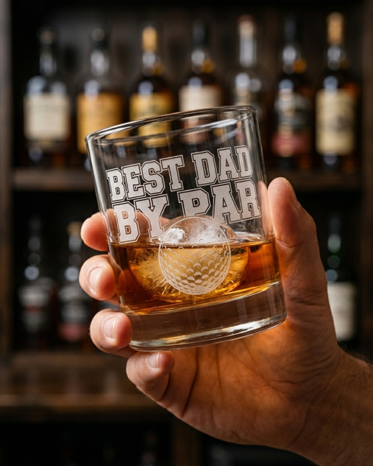 Best Dad by Par Whiskey Glass — Laser Etched Golf Dad Gift, Rocks Glass for Golfer Dad
