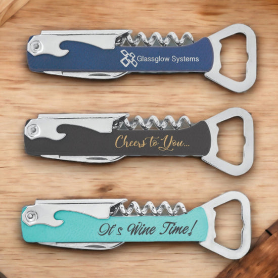 Branded Wine Opener — Custom Laser Engraved Leatherette Multi-Tool with Logo