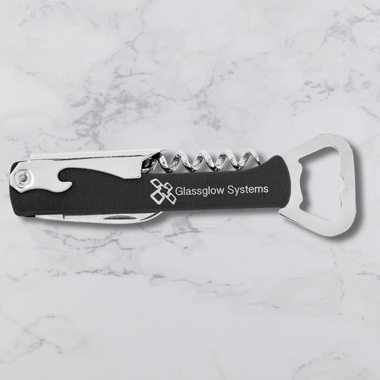 Branded Wine Opener — Custom Laser Engraved Leatherette Multi-Tool with Logo black