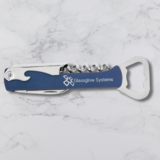 Branded Wine Opener — Custom Laser Engraved Leatherette Multi-Tool with Logo blue