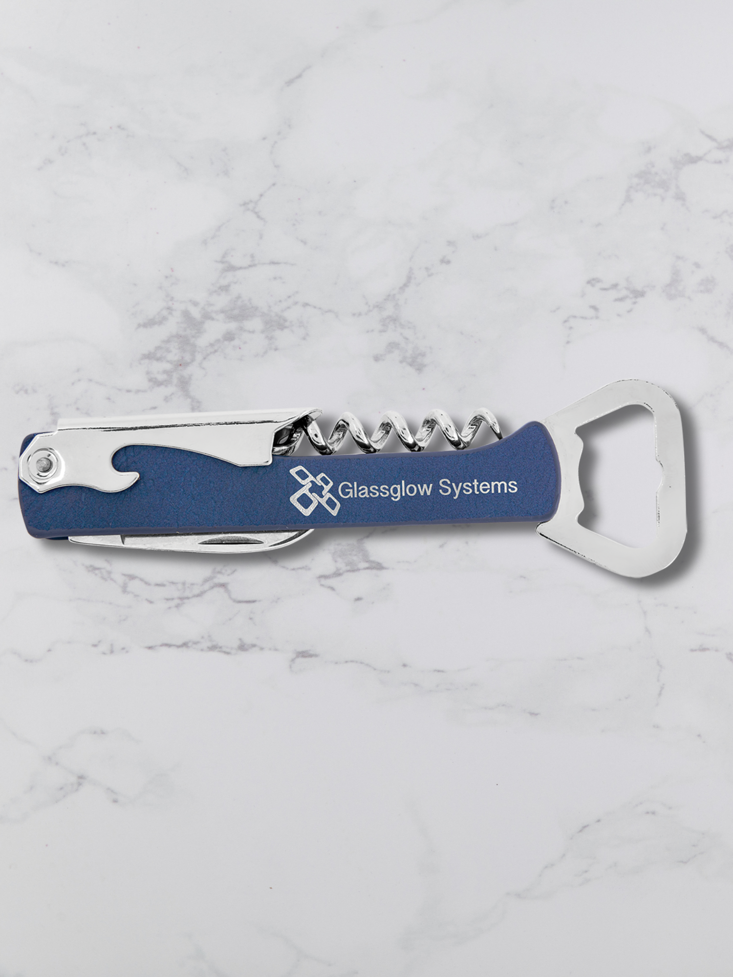 Branded Wine Opener — Custom Laser Engraved Leatherette Multi-Tool with Logo blue