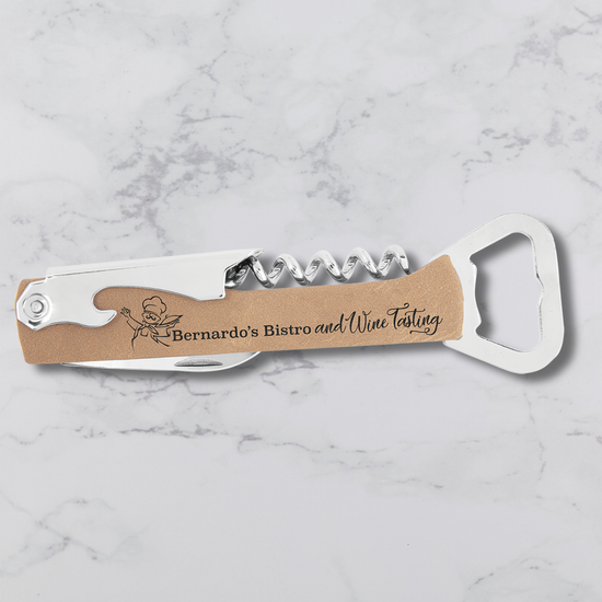 Branded Wine Opener — Custom Laser Engraved Leatherette Multi-Tool with Logo brown