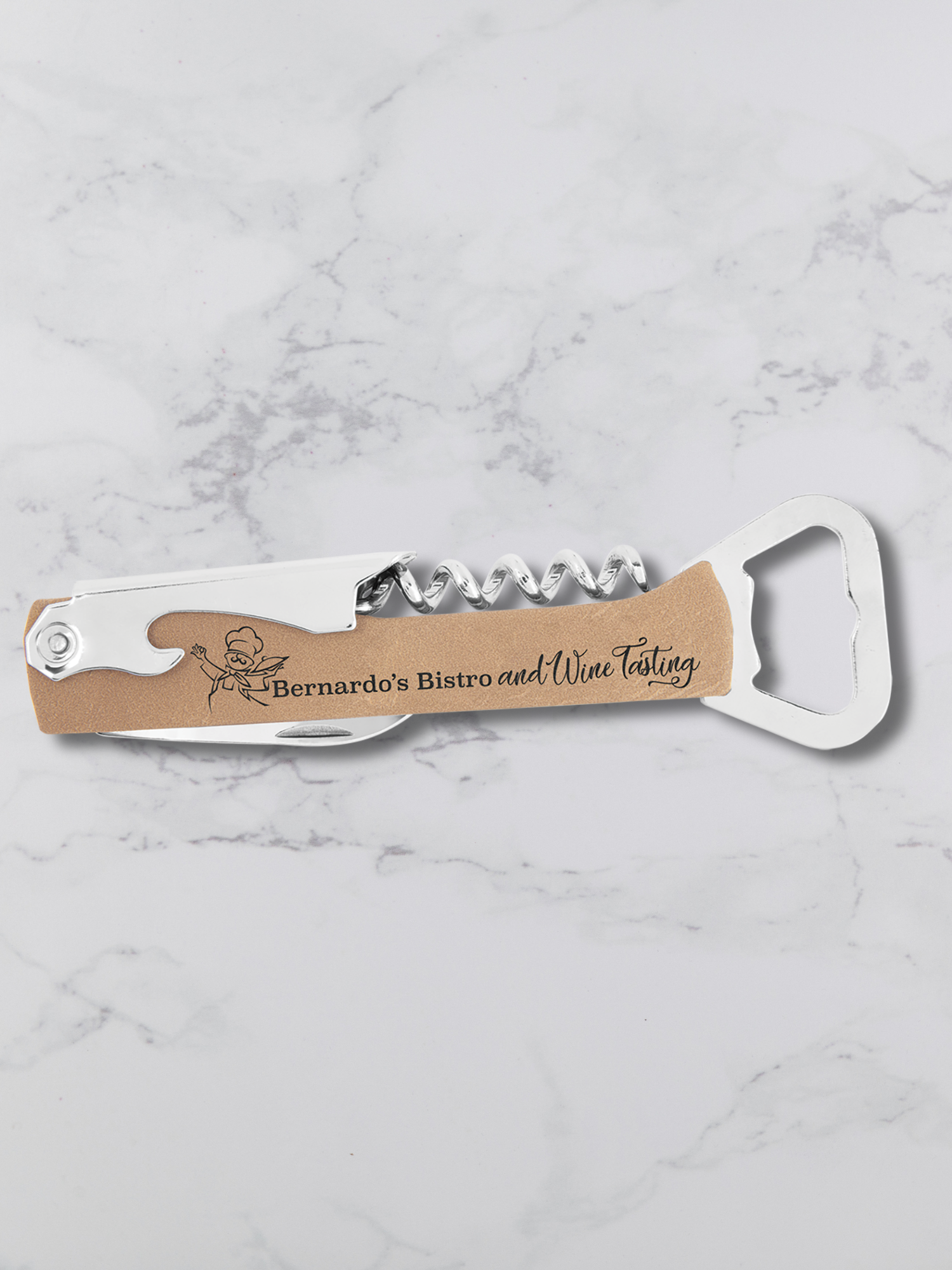 Branded Wine Opener — Custom Laser Engraved Leatherette Multi-Tool with Logo brown