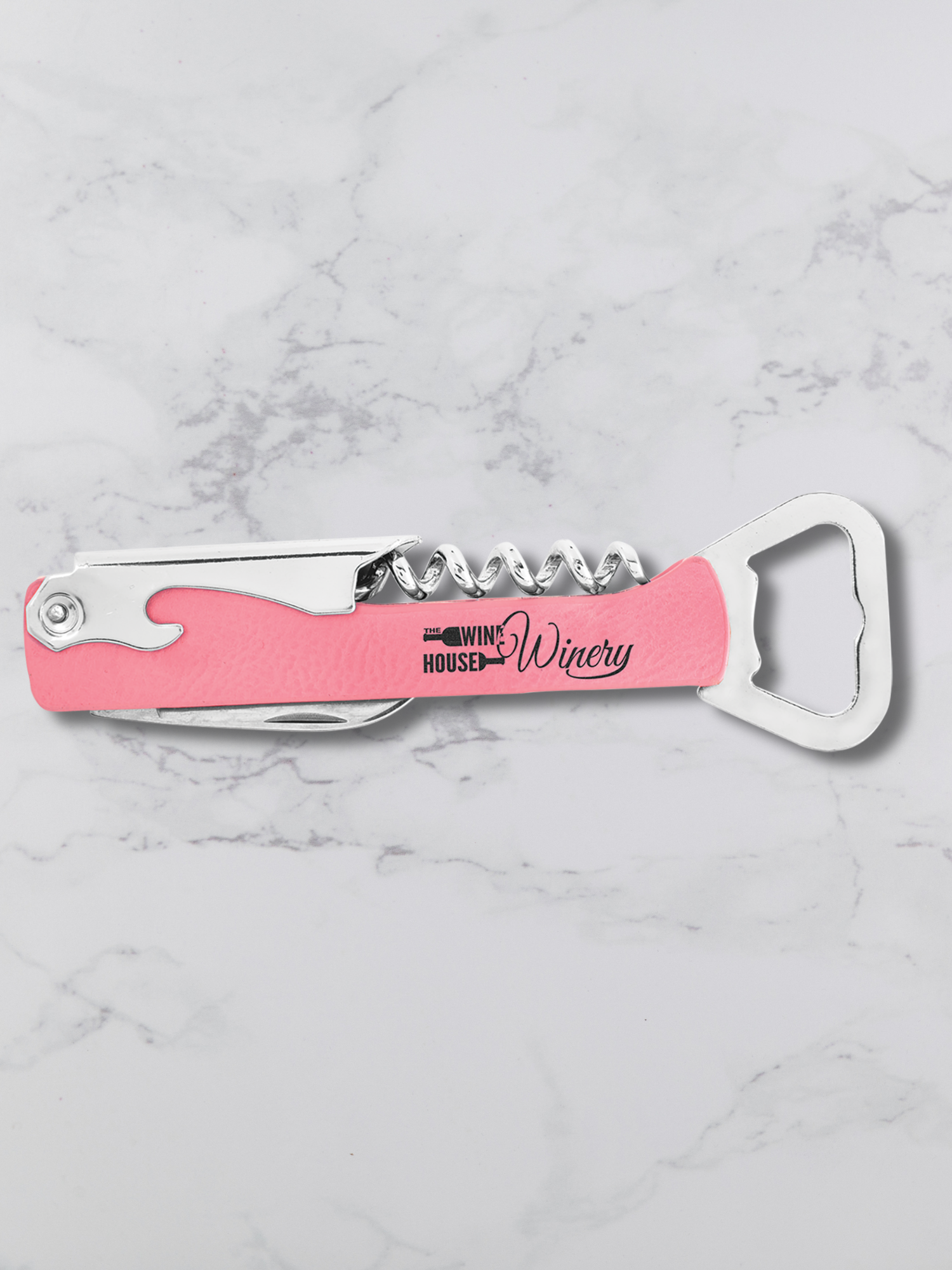Branded Wine Opener — Custom Laser Engraved Leatherette Multi-Tool with Logo pink