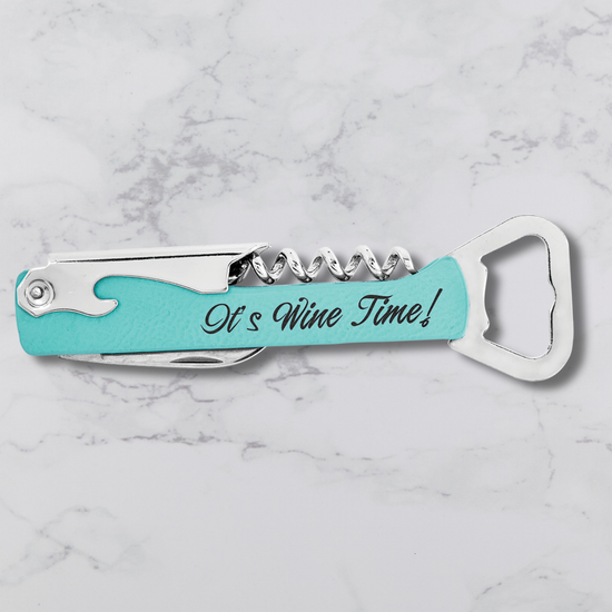 Branded Wine Opener — Custom Laser Engraved Leatherette Multi-Tool with Logo teal