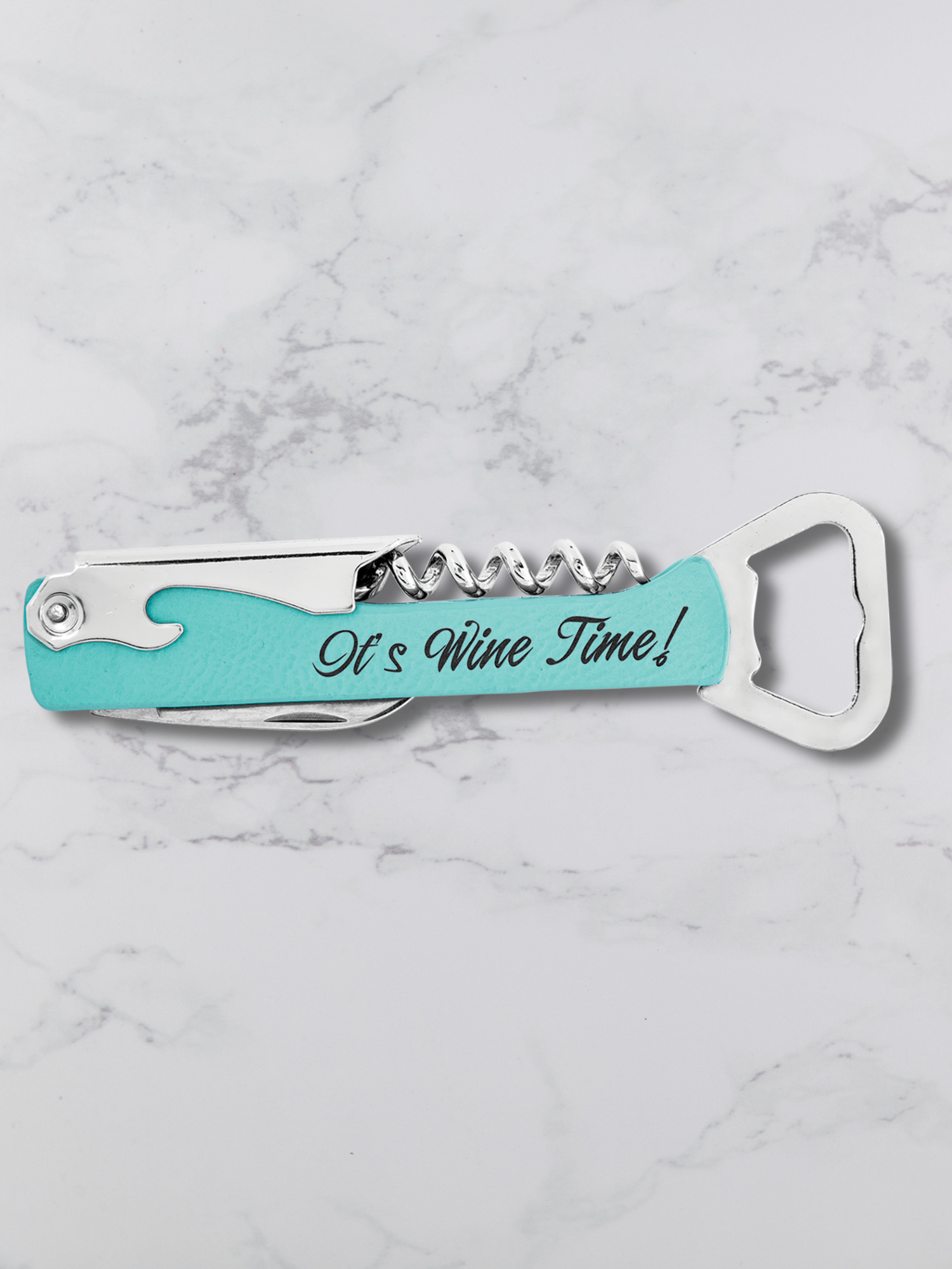 Branded Wine Opener — Custom Laser Engraved Leatherette Multi-Tool with Logo teal