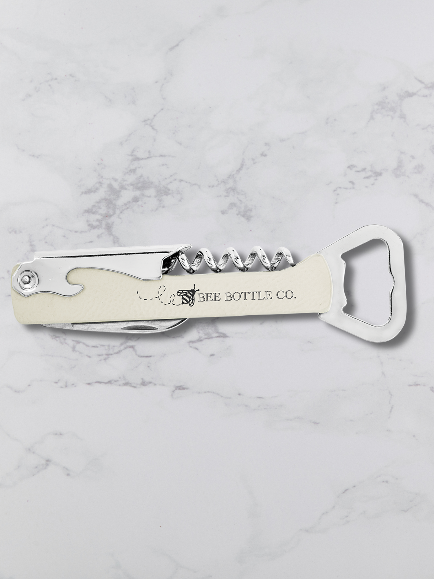 Branded Wine Opener — Custom Laser Engraved Leatherette Multi-Tool with Logo white