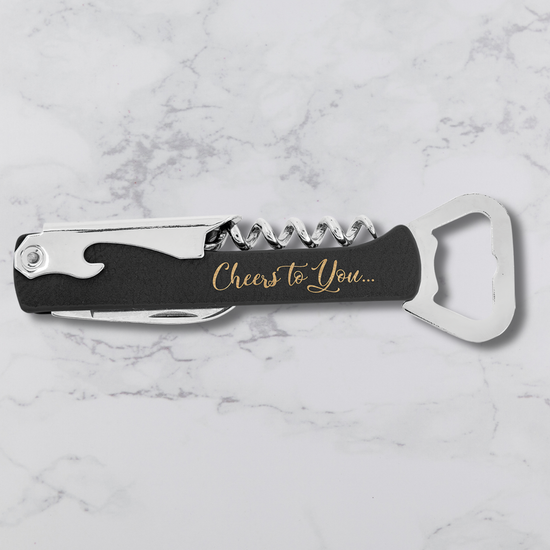 Branded Wine Opener — Custom Laser Engraved Leatherette Multi-Tool with Logo with message