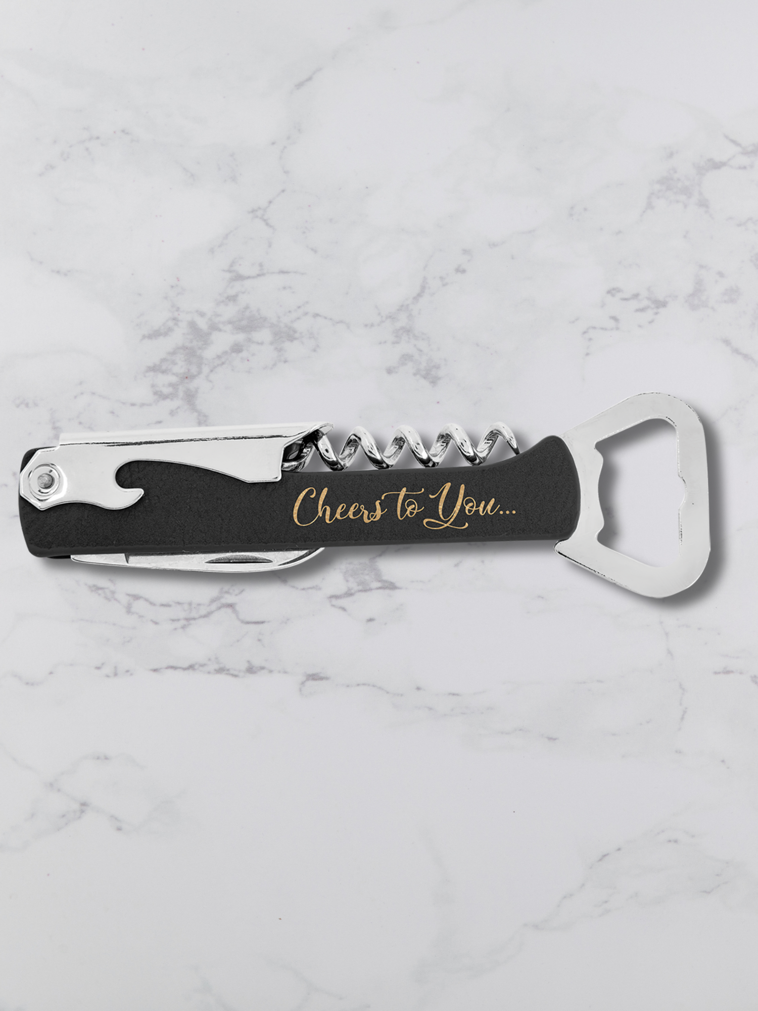 Branded Wine Opener — Custom Laser Engraved Leatherette Multi-Tool with Logo with message