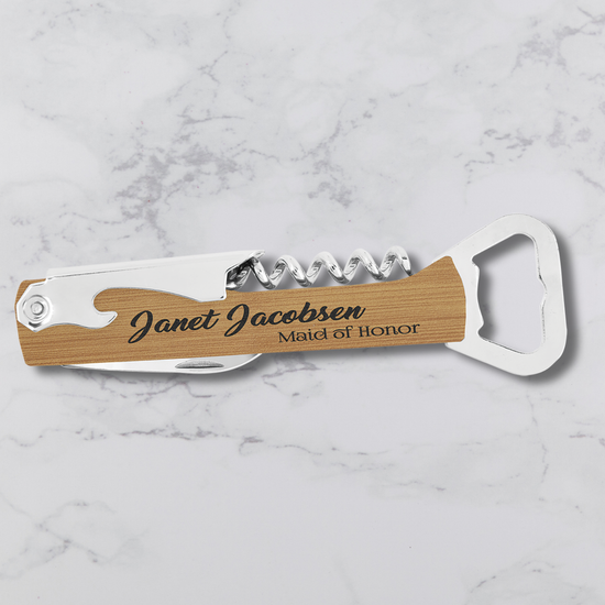 Branded Wine Opener — Custom Laser Engraved Leatherette Multi-Tool with Logo wood