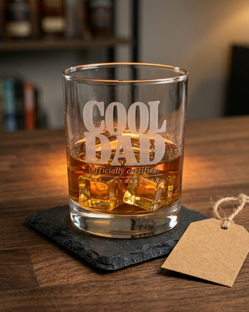 Cool Dad Whiskey Glass — Officially Certified Personalized Laser Etched Rocks Glass, Father's Day Gift from Daughter or Son