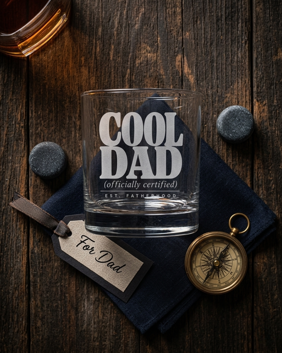 Cool Dad Whiskey Glass — Officially Certified Personalized Laser Etched Rocks Glass, Father's Day Gift from Daughter or Son