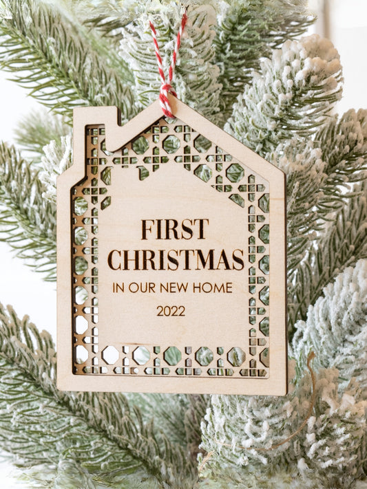 First Christmas Home Ornament — Personalized Laser Engraved Birch Wood Keepsake
