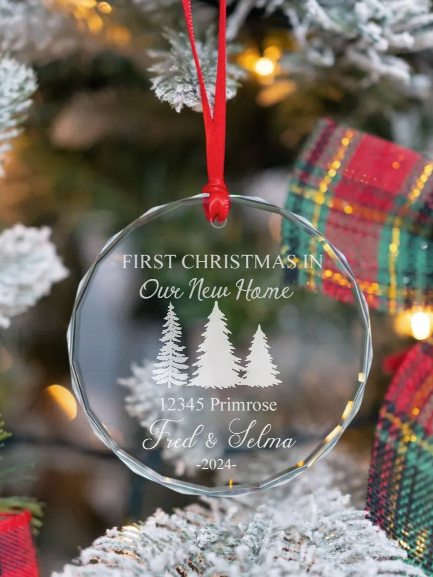 Personalized glass ornament laser engraved with address, family name & year — a keepsake for their first Christmas in a new home.