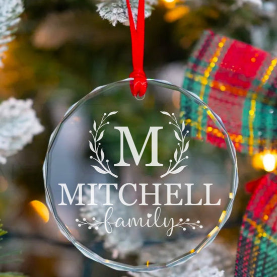 Personalized Monogram Family Ornament — Laser Engraved Glass Christmas Ornament with Family Name