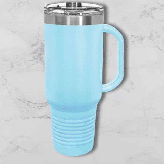 Personalized 40oz Travel Mug with Handle — Custom Laser Engraved Tumbler Light Blue