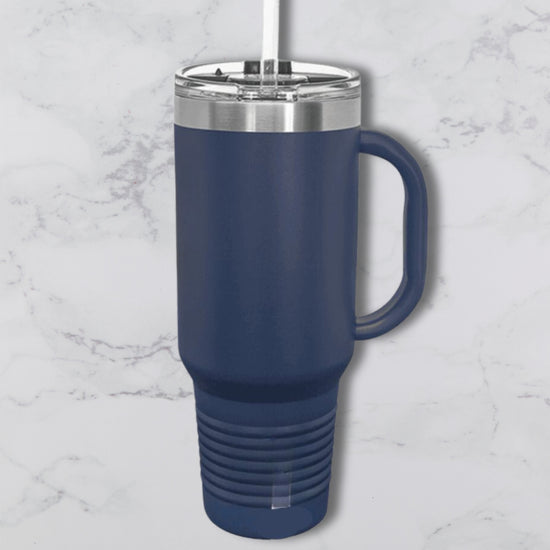 Personalized 40oz Travel Mug with Handle — Custom Laser Engraved Tumbler Navy Blue