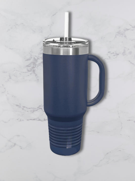 Personalized 40oz Travel Mug with Handle — Custom Laser Engraved Tumbler Navy Blue