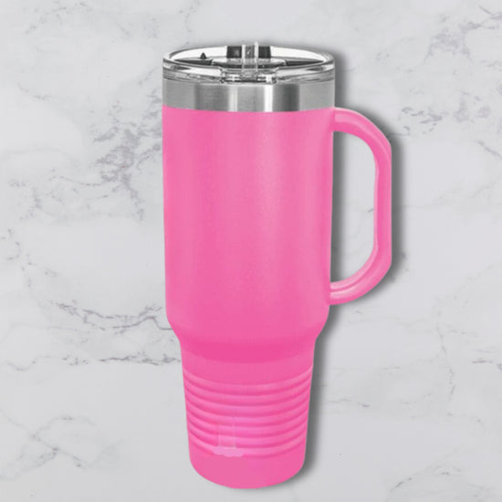 Personalized 40oz Travel Mug with Handle — Custom Laser Engraved Tumbler Pink