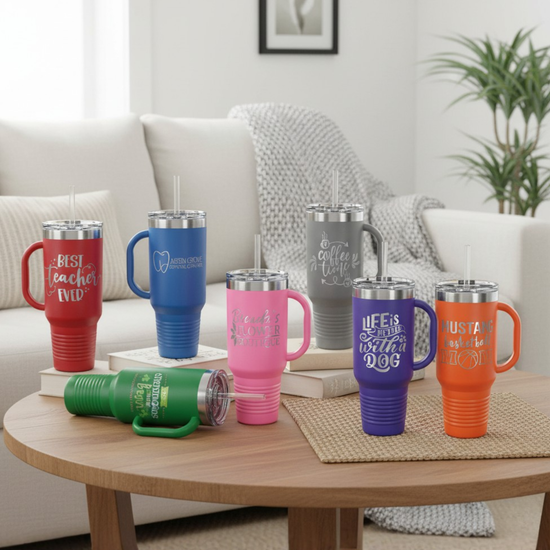 Personalized 40oz Travel Mug with Handle — Custom Laser Engraved Tumbler
