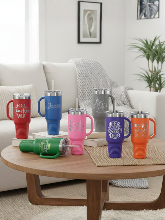 Personalized 40oz Travel Mug with Handle — Custom Laser Engraved Tumbler
