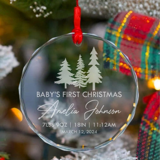 Personalized Baby's First Christmas Ornament — Laser Engraved Glass Keepsake with Name, Birth Stats & Date