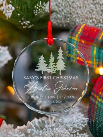 Personalized Baby's First Christmas Ornament — Laser Engraved Glass Keepsake with Name, Birth Stats & Date