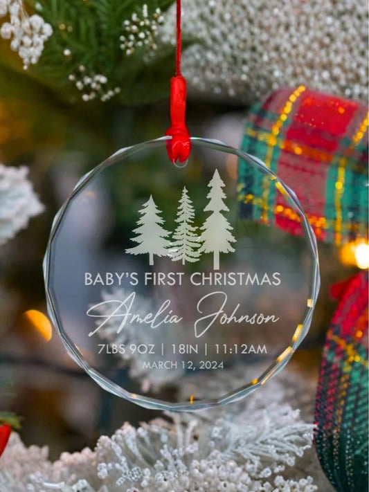 Personalized Baby's First Christmas Ornament — Laser Engraved Glass Keepsake with Name, Birth Stats & Date