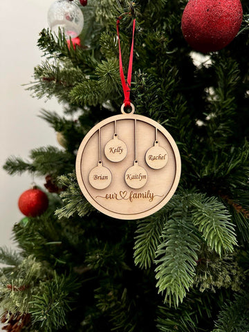 Personalized Our Family Wooden Ornament — Laser Engraved with Family Names & Pet Paw Prints