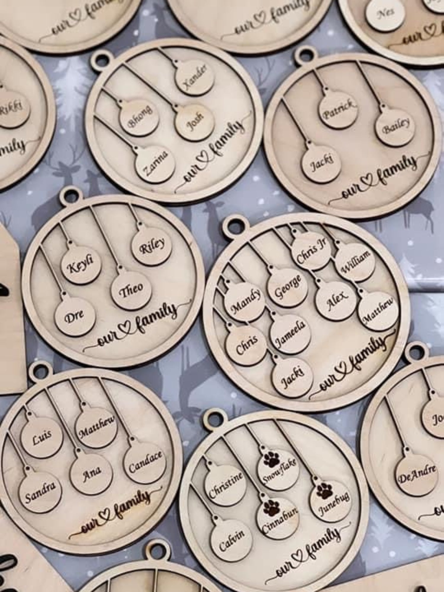 Personalized Our Family Wooden Ornament — Laser Engraved with Family Names & Pet Paw Prints