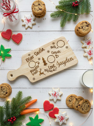 Personalized Christmas cookie platter with cookies, cookies, and a glass of milk on a festive background.