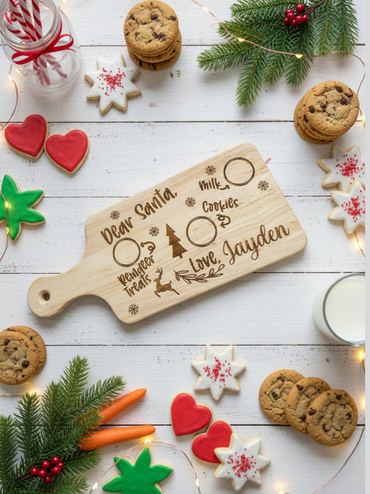 Personalized Christmas cookie platter with cookies, cookies, and a glass of milk on a festive background.