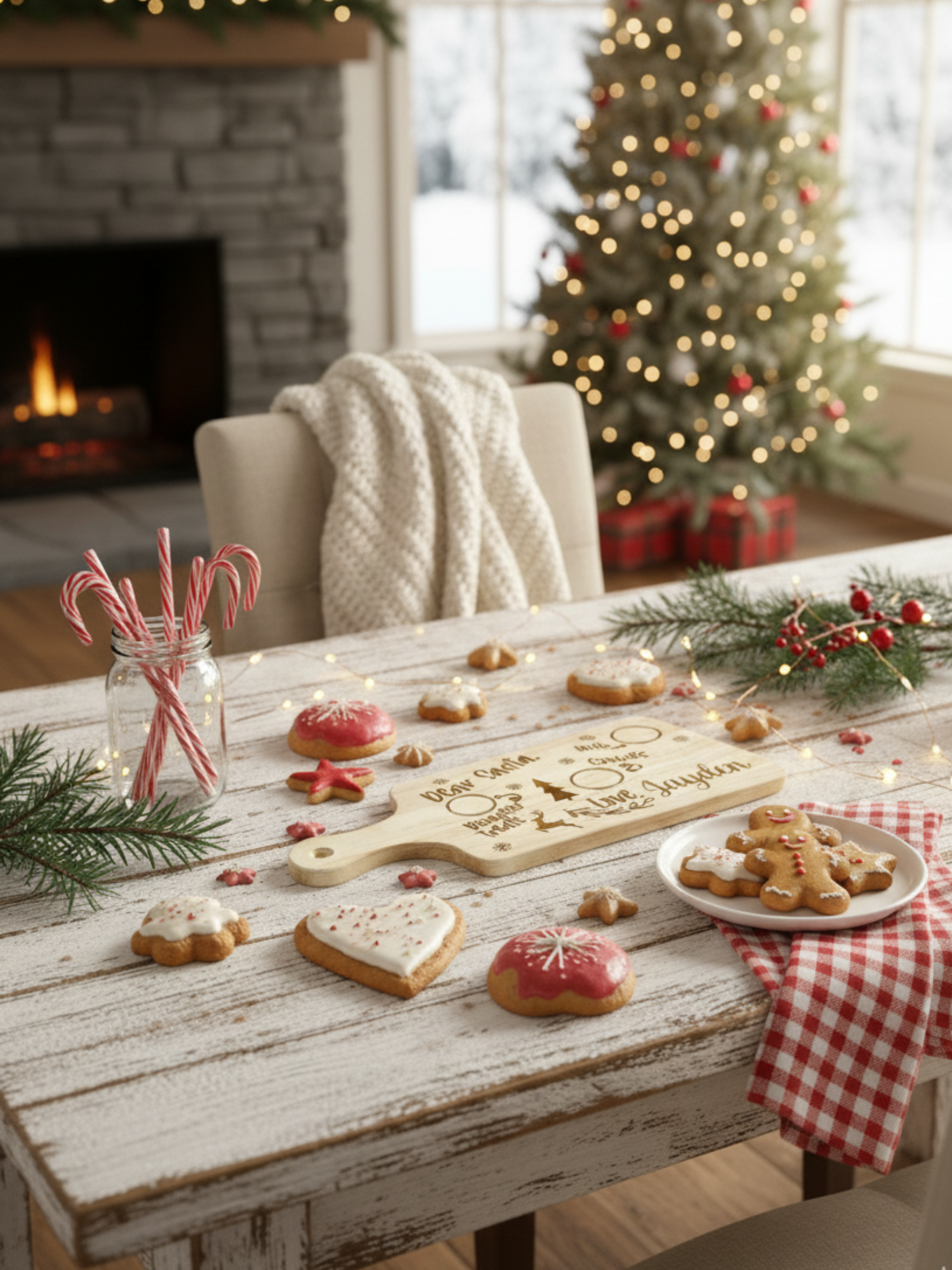 Christmas-themed table setting with cookies, candy canes, and a decorated tree in the background.