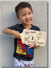 Child holding a personalized Christmas list sign against a textured wall.