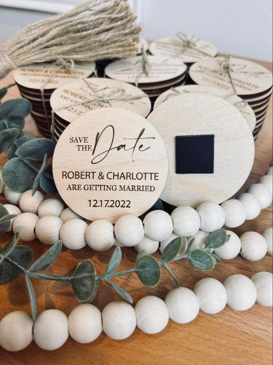Personalized Save the Date Wedding Magnets — Laser Engraved Birch Wood, Custom Name & Date