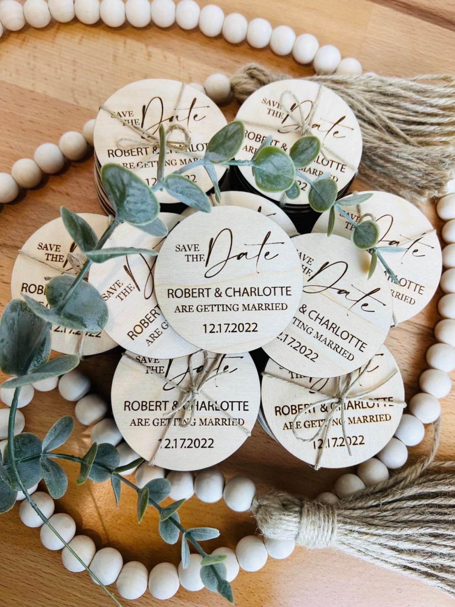 Personalized Save the Date Wedding Magnets — Laser Engraved Birch Wood, Custom Name & Date