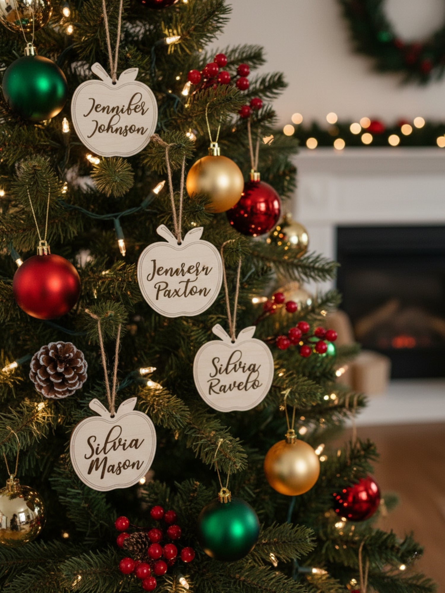 Decorated Christmas tree with personalized name tags and colorful ornaments.