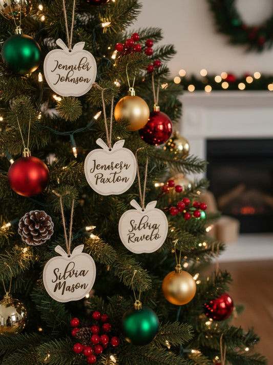 Decorated Christmas tree with personalized name tags and colorful ornaments.
