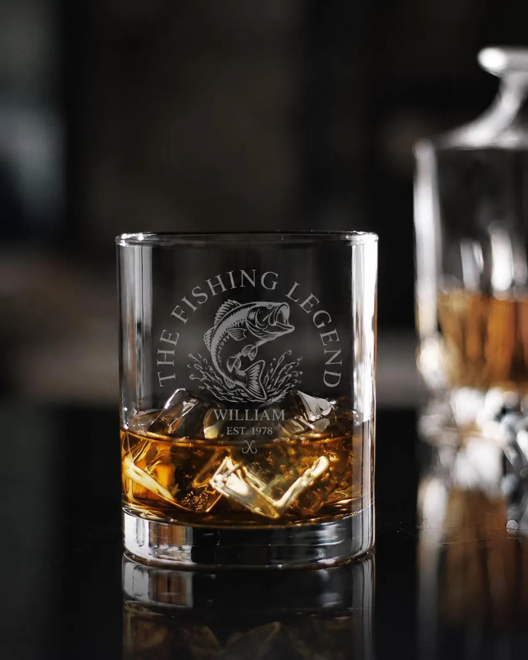 The Fishing Legend Personalized Whiskey Glass — Laser Etched Rocks Glass with Custom Name and Year, Fisherman Gift