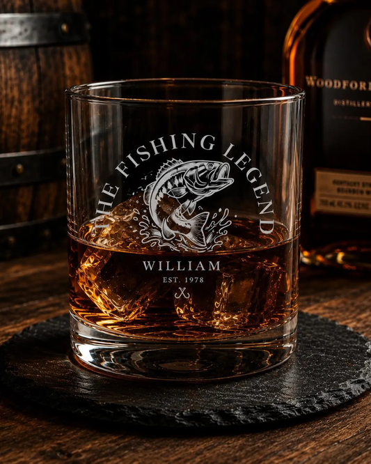 The Fishing Legend Personalized Whiskey Glass — Laser Etched Rocks Glass with Custom Name and Year, Fisherman Gift