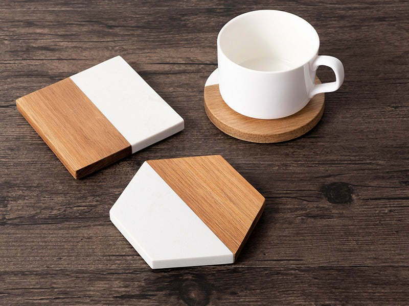 White Marble & Acacia Wood Coasters